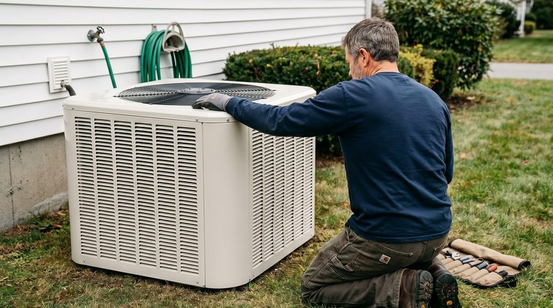 A Massachusetts HVAC contractor inspecting a residential outdoor air-conditioner condenser unit.