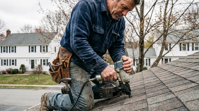A Massachusetts roofing contractor nailing a course of shingles on a residential pitched roof.