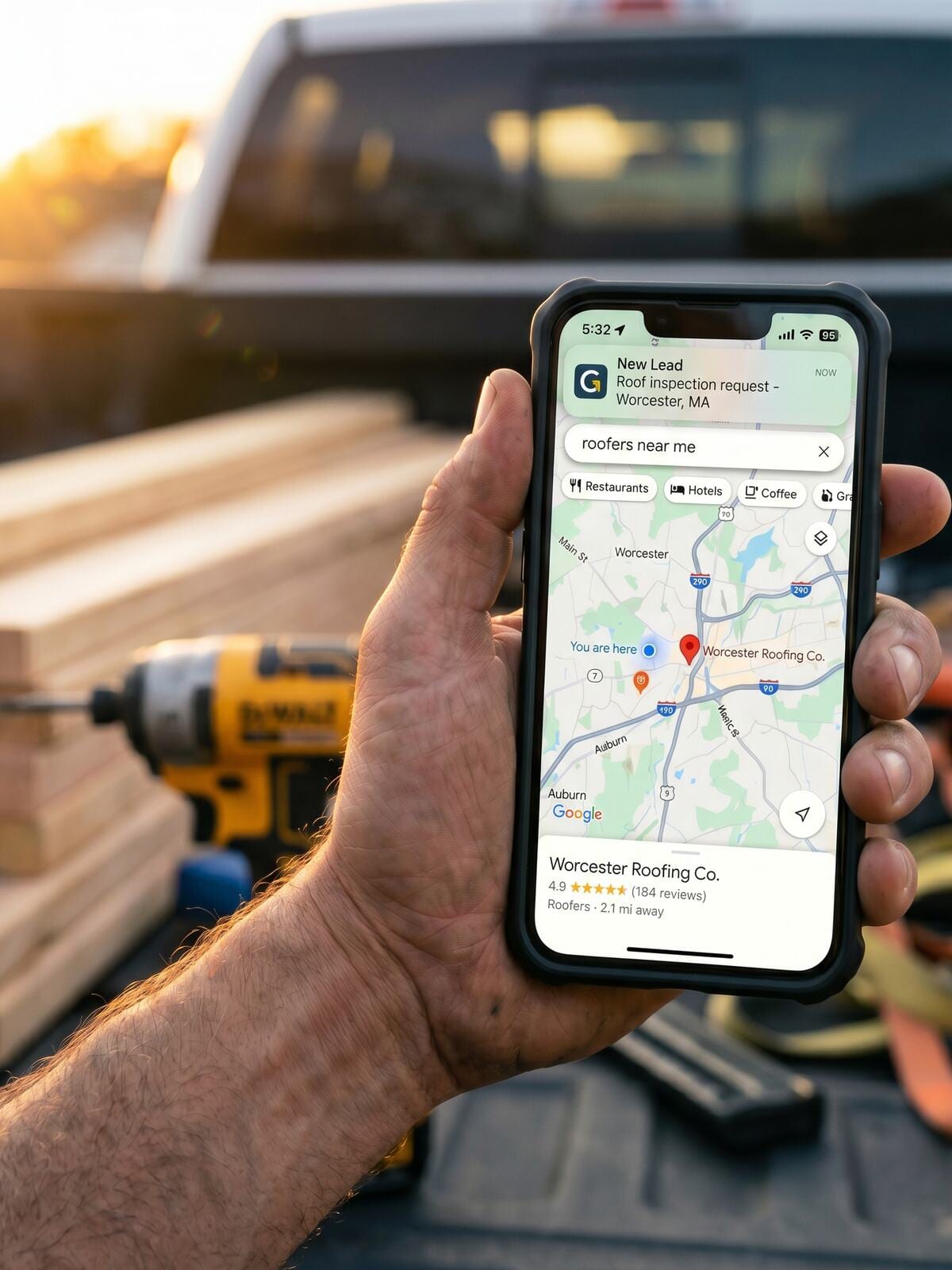 A contractor checks his Google Business Profile from his pickup at the jobsite.