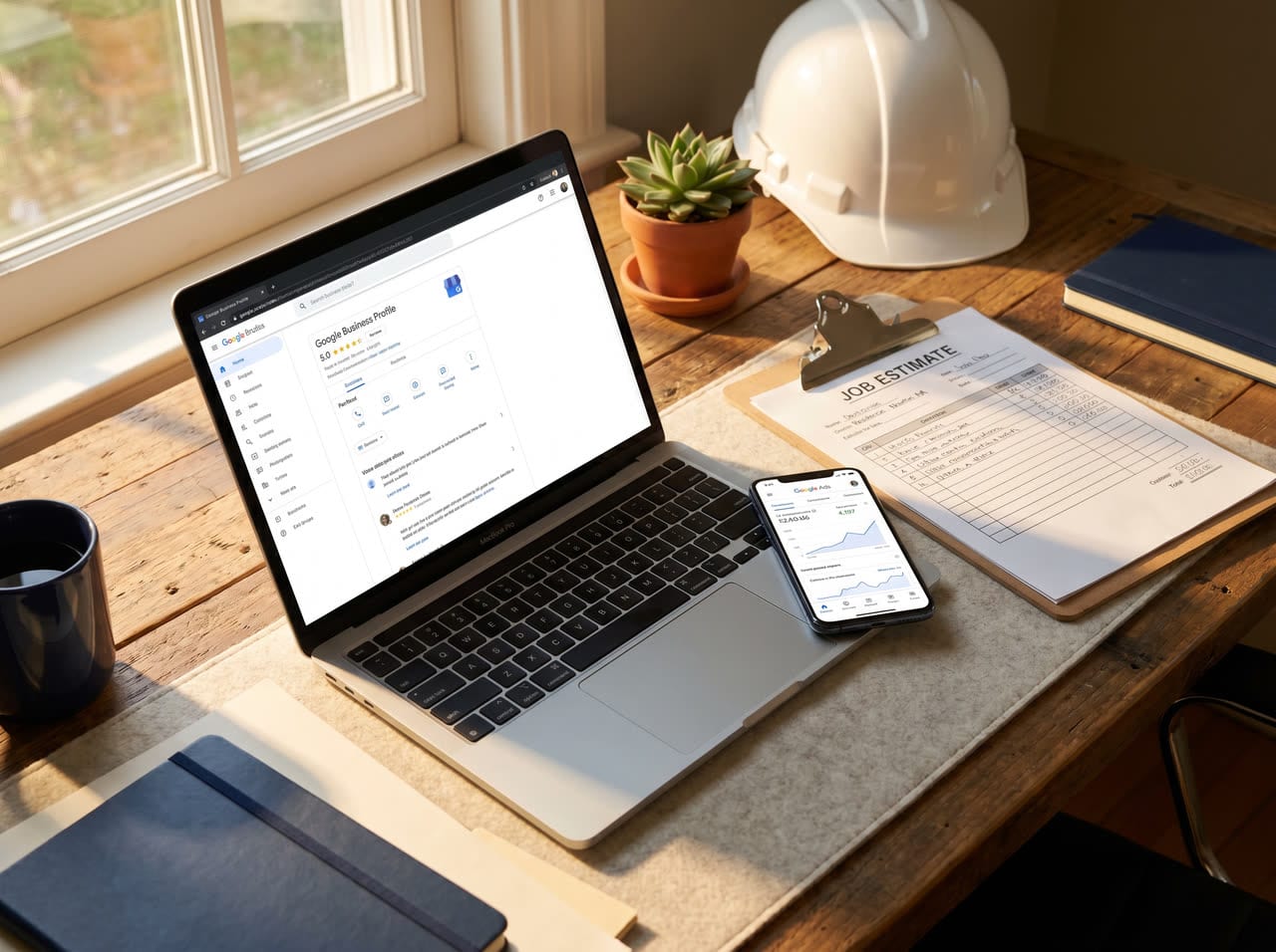 Contractor's desk: laptop with a 5.0-star Google Business Profile, phone with a rising Google Ads campaign, a handwritten job estimate on a clipboard, and a white hard hat in the background